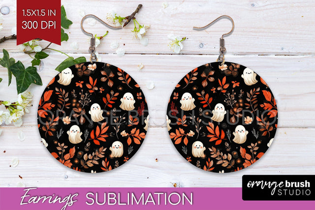Cute Ghost Round Earrings, Halloween Earring Sublimation Sublimation OrangeBrushStudio 