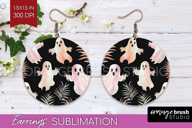 Cute Ghost Round Earrings, Halloween Earring Sublimation Sublimation OrangeBrushStudio 