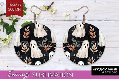 Cute Ghost Round Earrings, Halloween Earring Sublimation Sublimation OrangeBrushStudio 
