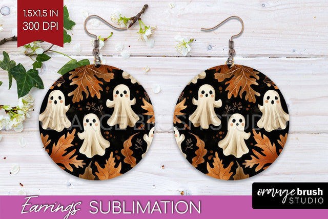 Cute Ghost Round Earrings, Halloween Earring Sublimation Sublimation OrangeBrushStudio 