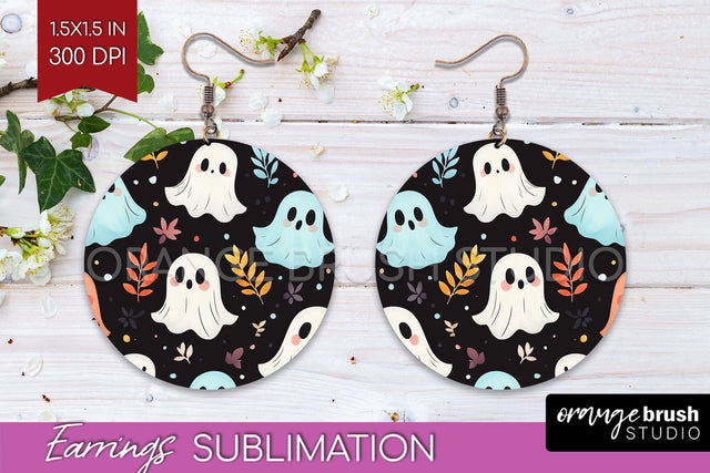 Cute Ghost Round Earrings, Halloween Earring Sublimation Sublimation OrangeBrushStudio 