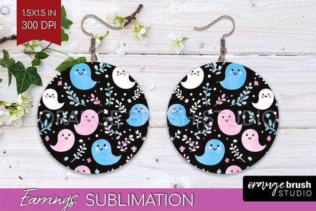 Cute Ghost Round Earrings, Halloween Earring Sublimation Sublimation OrangeBrushStudio 