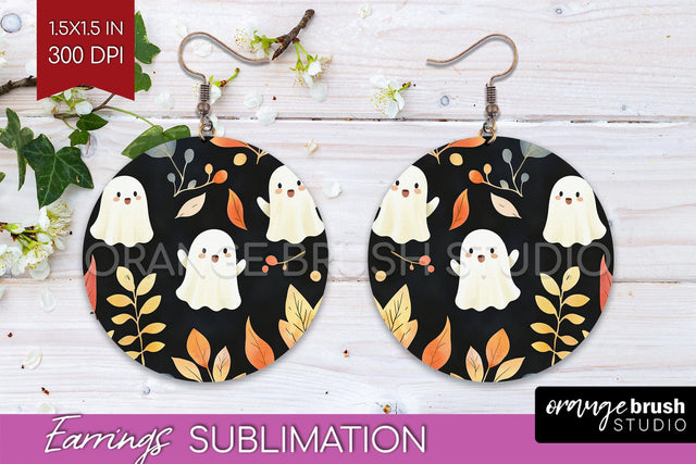 Cute Ghost Round Earrings, Halloween Earring Sublimation Sublimation OrangeBrushStudio 