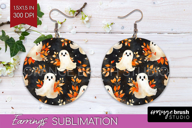 Cute Ghost Round Earrings, Halloween Earring Sublimation Sublimation OrangeBrushStudio 