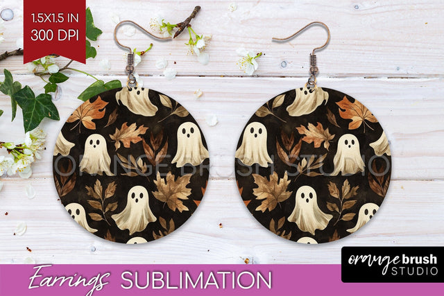 Cute Ghost Round Earrings, Halloween Earring Sublimation Sublimation OrangeBrushStudio 