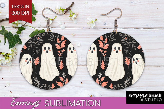 Cute Ghost Round Earrings, Halloween Earring Sublimation Sublimation OrangeBrushStudio 