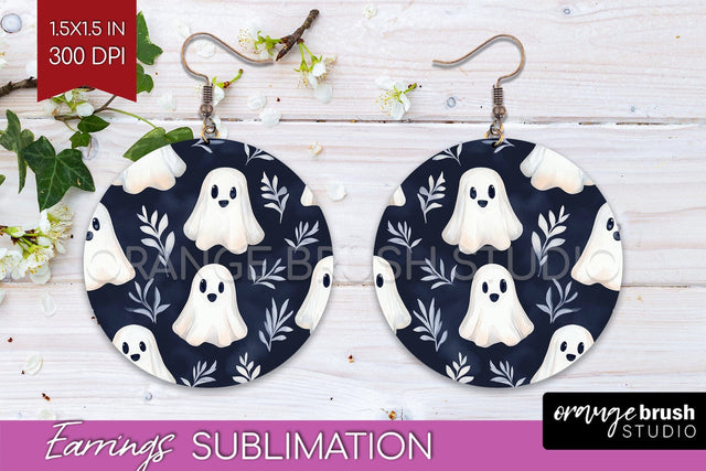 Cute Ghost Round Earrings, Halloween Earring Sublimation Sublimation OrangeBrushStudio 