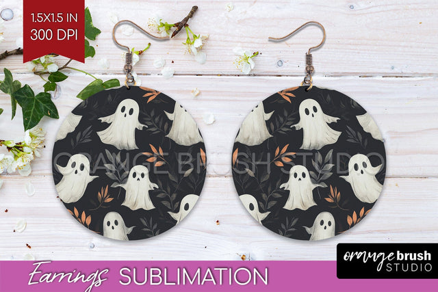 Cute Ghost Round Earrings, Halloween Earring Sublimation Sublimation OrangeBrushStudio 