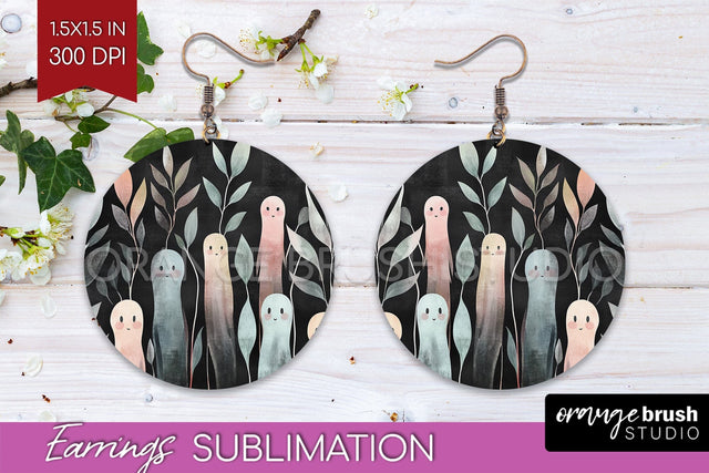 Cute Ghost Round Earrings, Halloween Earring Sublimation Sublimation OrangeBrushStudio 