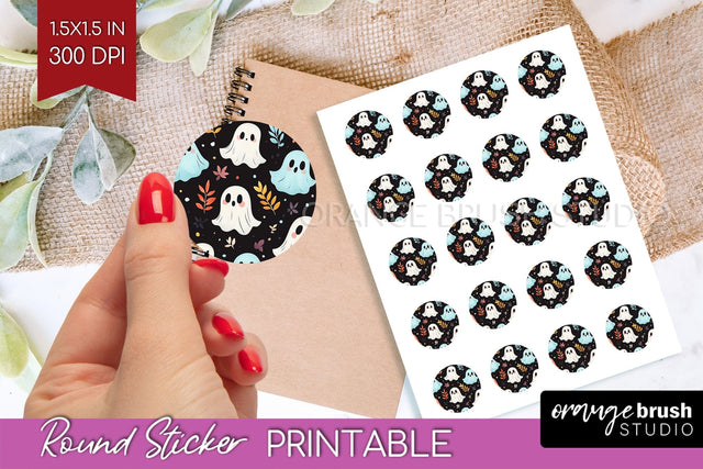 Cute Ghost Round Sticker - Halloween Printable Sticker Sheet Sublimation OrangeBrushStudio 