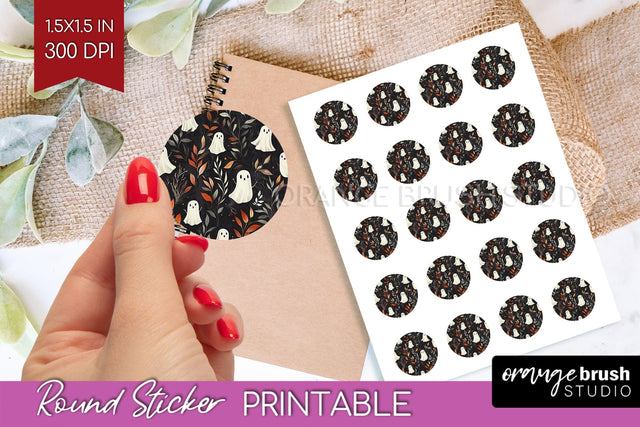 Cute Ghost Round Sticker - Halloween Printable Sticker Sheet Sublimation OrangeBrushStudio 