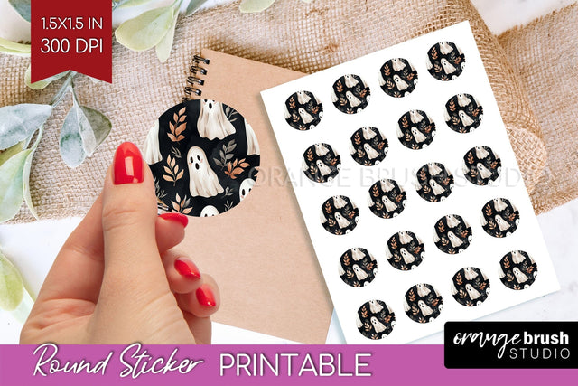 Cute Ghost Round Sticker - Halloween Printable Sticker Sheet Sublimation OrangeBrushStudio 