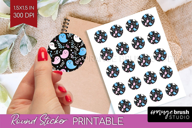 Cute Ghost Round Sticker - Halloween Printable Sticker Sheet Sublimation OrangeBrushStudio 