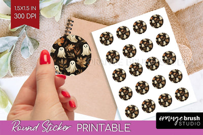 Cute Ghost Round Sticker - Halloween Printable Sticker Sheet Sublimation OrangeBrushStudio 