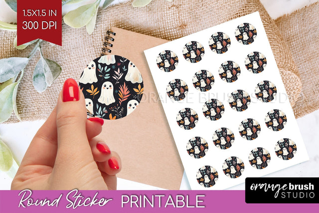 Cute Ghost Round Sticker - Halloween Printable Sticker Sheet Sublimation OrangeBrushStudio 