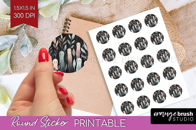Cute Ghost Round Sticker - Halloween Printable Sticker Sheet Sublimation OrangeBrushStudio 