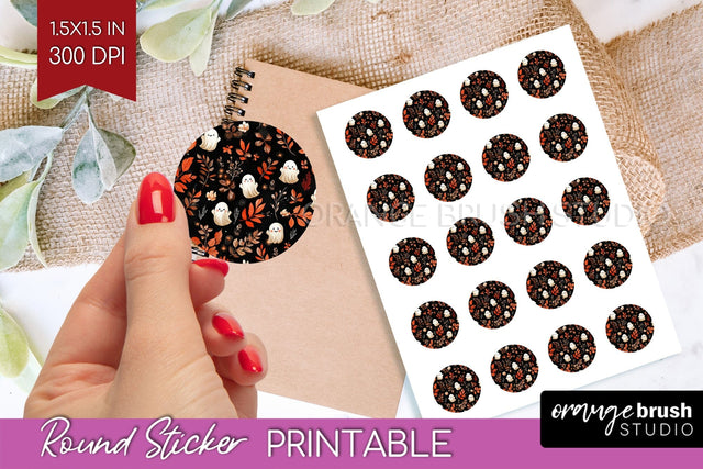 Cute Ghost Round Sticker - Halloween Printable Sticker Sheet Sublimation OrangeBrushStudio 