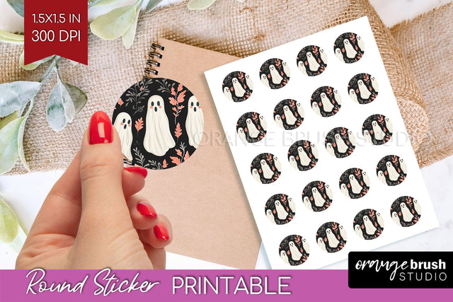 Cute Ghost Round Sticker - Halloween Printable Sticker Sheet Sublimation OrangeBrushStudio 