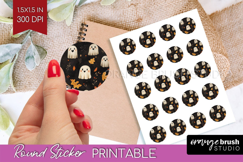 Cute Ghost Round Sticker - Halloween Printable Sticker Sheet Sublimation OrangeBrushStudio 