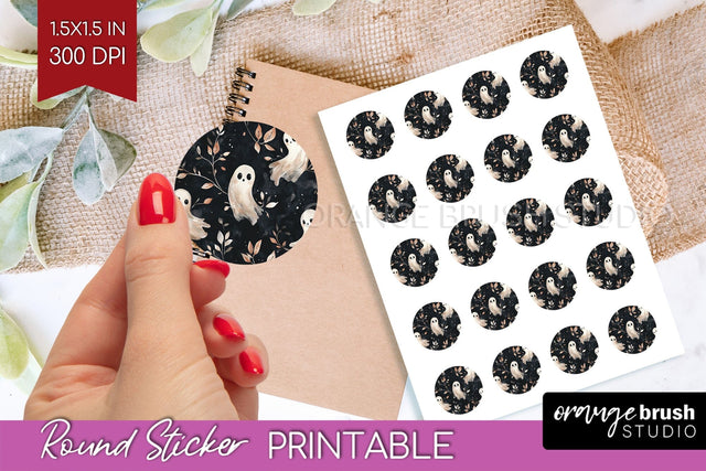 Cute Ghost Round Sticker - Halloween Printable Sticker Sheet Sublimation OrangeBrushStudio 