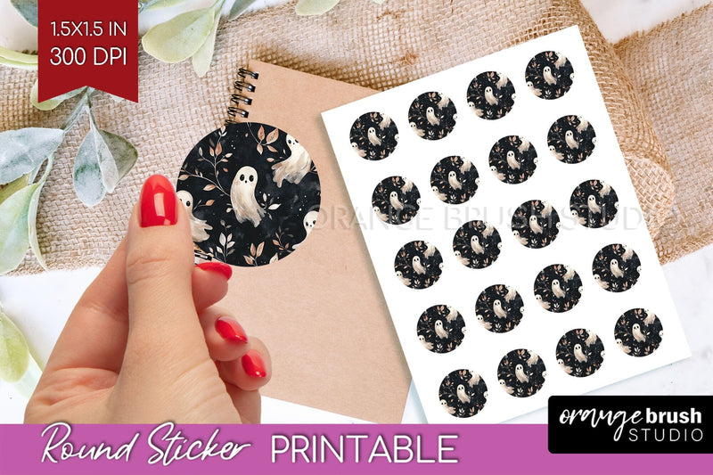 Cute Ghost Round Sticker - Halloween Printable Sticker Sheet Sublimation OrangeBrushStudio 