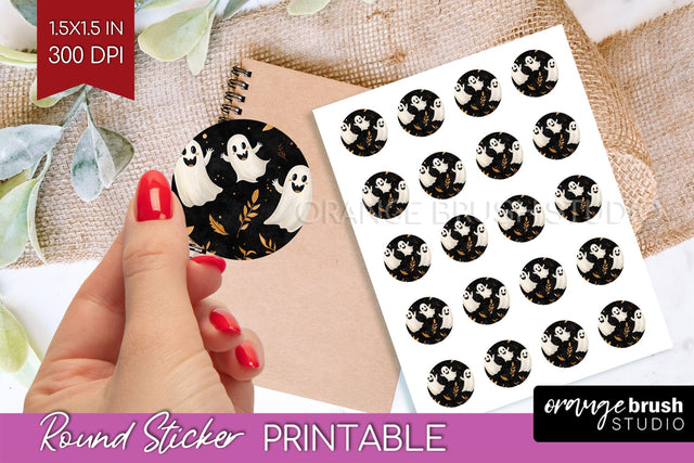 Cute Ghost Round Sticker - Halloween Printable Sticker Sheet Sublimation OrangeBrushStudio 