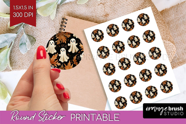Cute Ghost Round Sticker - Halloween Printable Sticker Sheet Sublimation OrangeBrushStudio 