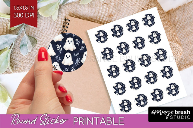 Cute Ghost Round Sticker - Halloween Printable Sticker Sheet Sublimation OrangeBrushStudio 
