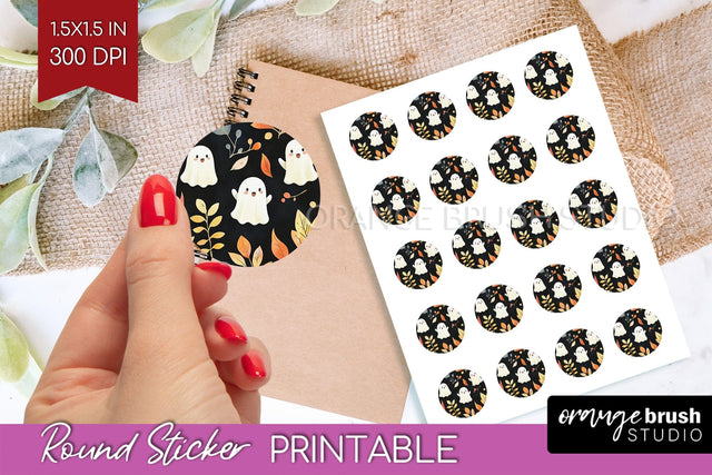 Cute Ghost Round Sticker - Halloween Printable Sticker Sheet Sublimation OrangeBrushStudio 