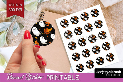 Cute Ghost Round Sticker - Halloween Printable Sticker Sheet Sublimation OrangeBrushStudio 