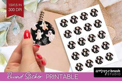 Cute Ghost Round Sticker - Halloween Printable Sticker Sheet Sublimation OrangeBrushStudio 