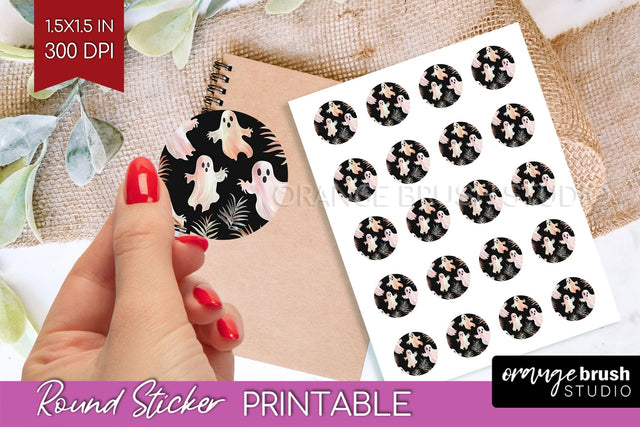 Cute Ghost Round Sticker - Halloween Printable Sticker Sheet Sublimation OrangeBrushStudio 