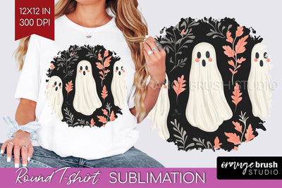 Cute Ghost Round Tshirt Background, Halloween Tshirt PNG Sublimation OrangeBrushStudio 