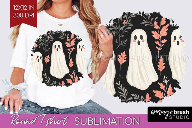 Cute Ghost Round Tshirt Background, Halloween Tshirt PNG Sublimation OrangeBrushStudio 