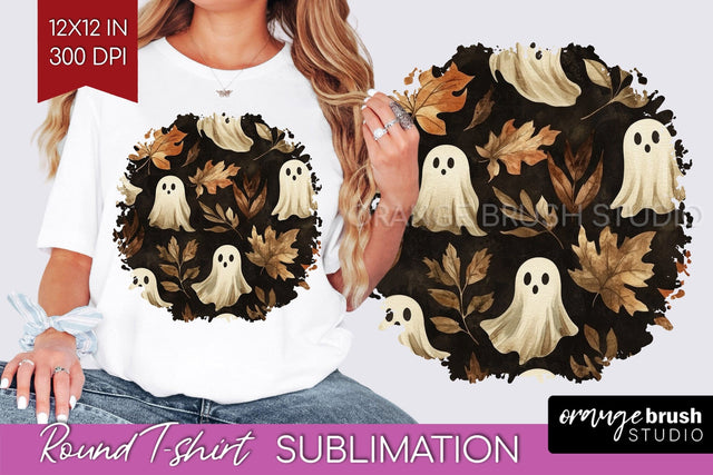 Cute Ghost Round Tshirt Background, Halloween Tshirt PNG Sublimation OrangeBrushStudio 