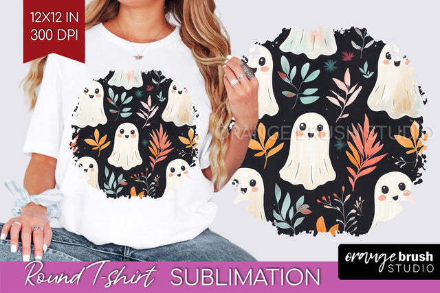 Cute Ghost Round Tshirt Background, Halloween Tshirt PNG Sublimation OrangeBrushStudio 