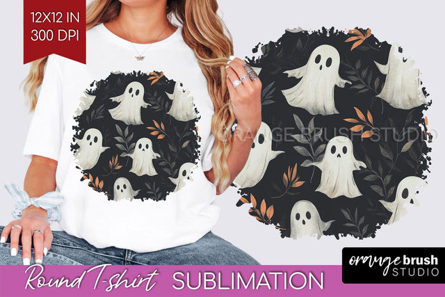 Cute Ghost Round Tshirt Background, Halloween Tshirt PNG Sublimation OrangeBrushStudio 