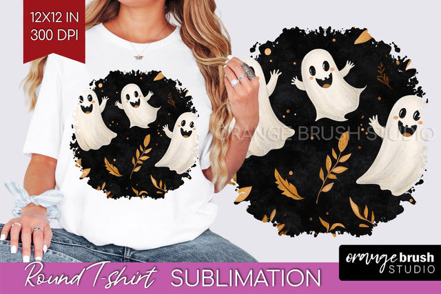 Cute Ghost Round Tshirt Background, Halloween Tshirt PNG Sublimation OrangeBrushStudio 