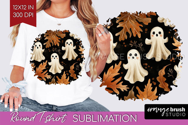 Cute Ghost Round Tshirt Background, Halloween Tshirt PNG Sublimation OrangeBrushStudio 