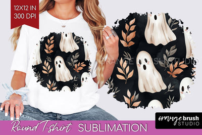 Cute Ghost Round Tshirt Background, Halloween Tshirt PNG Sublimation OrangeBrushStudio 