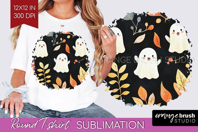 Cute Ghost Round Tshirt Background, Halloween Tshirt PNG Sublimation OrangeBrushStudio 