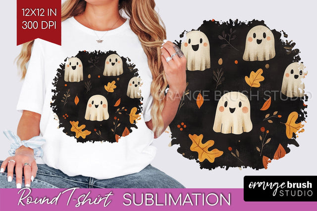 Cute Ghost Round Tshirt Background, Halloween Tshirt PNG Sublimation OrangeBrushStudio 