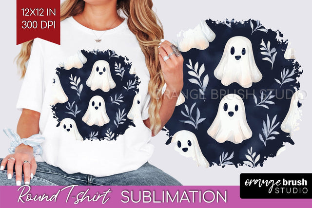 Cute Ghost Round Tshirt Background, Halloween Tshirt PNG Sublimation OrangeBrushStudio 