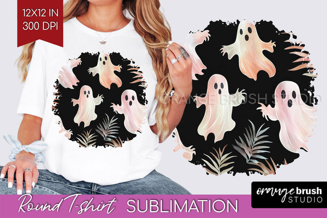 Cute Ghost Round Tshirt Background, Halloween Tshirt PNG Sublimation OrangeBrushStudio 