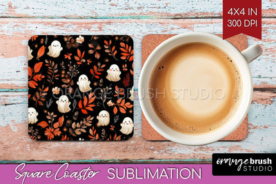 Cute Ghost Square Coaster - Halloween Coaster Sublimatio Sublimation OrangeBrushStudio 