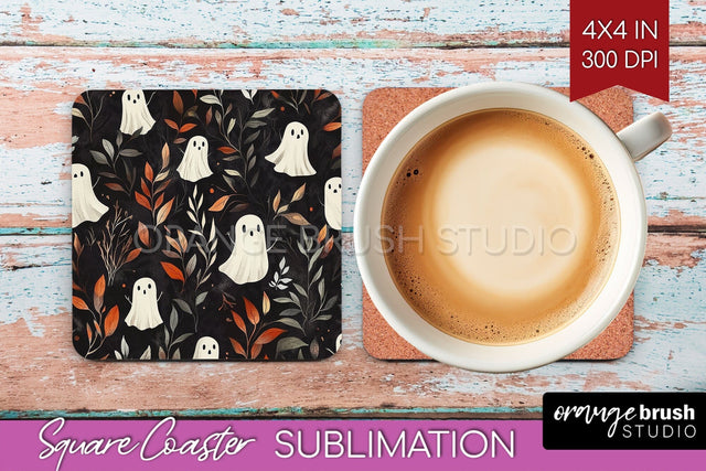 Cute Ghost Square Coaster - Halloween Coaster Sublimatio Sublimation OrangeBrushStudio 