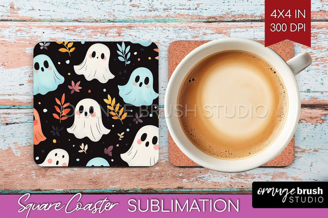 Cute Ghost Square Coaster - Halloween Coaster Sublimatio Sublimation OrangeBrushStudio 