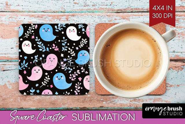 Cute Ghost Square Coaster - Halloween Coaster Sublimatio Sublimation OrangeBrushStudio 