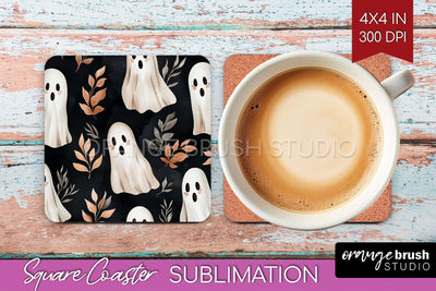 Cute Ghost Square Coaster - Halloween Coaster Sublimatio Sublimation OrangeBrushStudio 