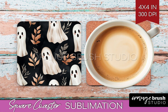 Cute Ghost Square Coaster - Halloween Coaster Sublimatio Sublimation OrangeBrushStudio 